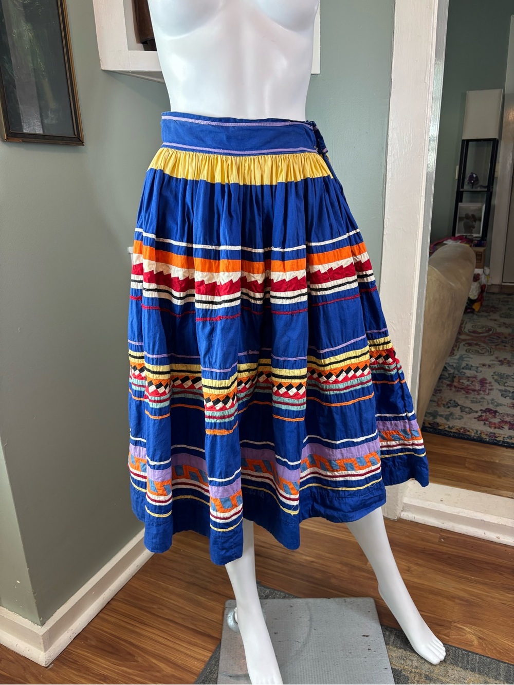 Vintage 50s Handmade Traditional Seminole Patchwork Midi Skirt 26” S Small